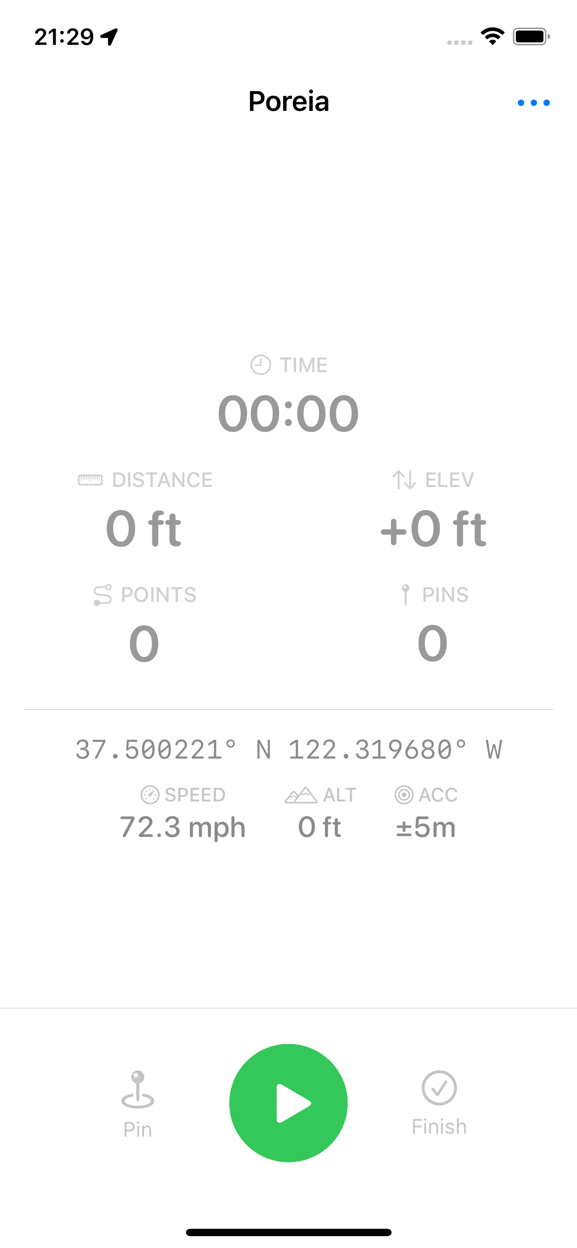 Main view showing GPS coordinates
